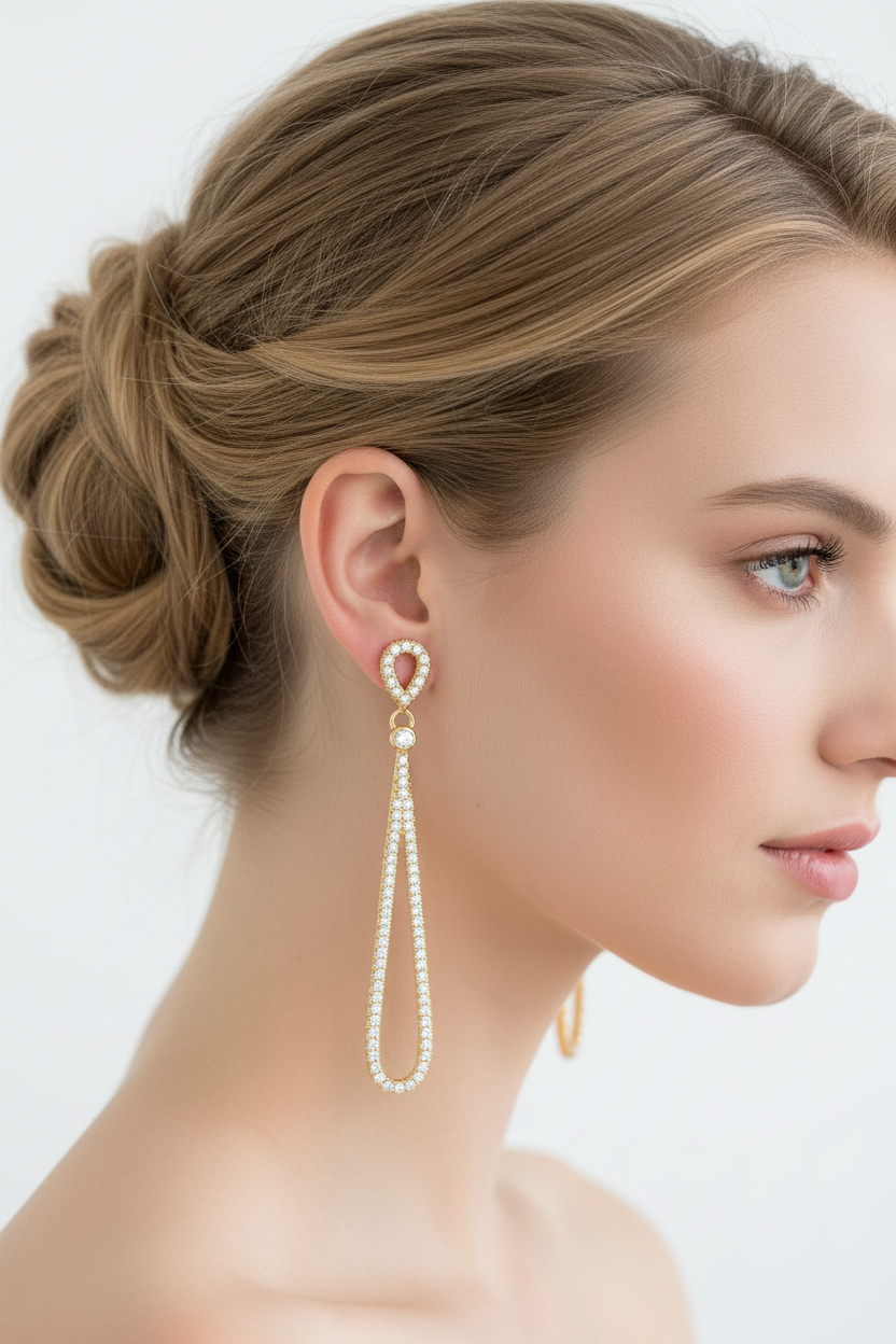 Blonde model wearing gold plated pear drop earrings