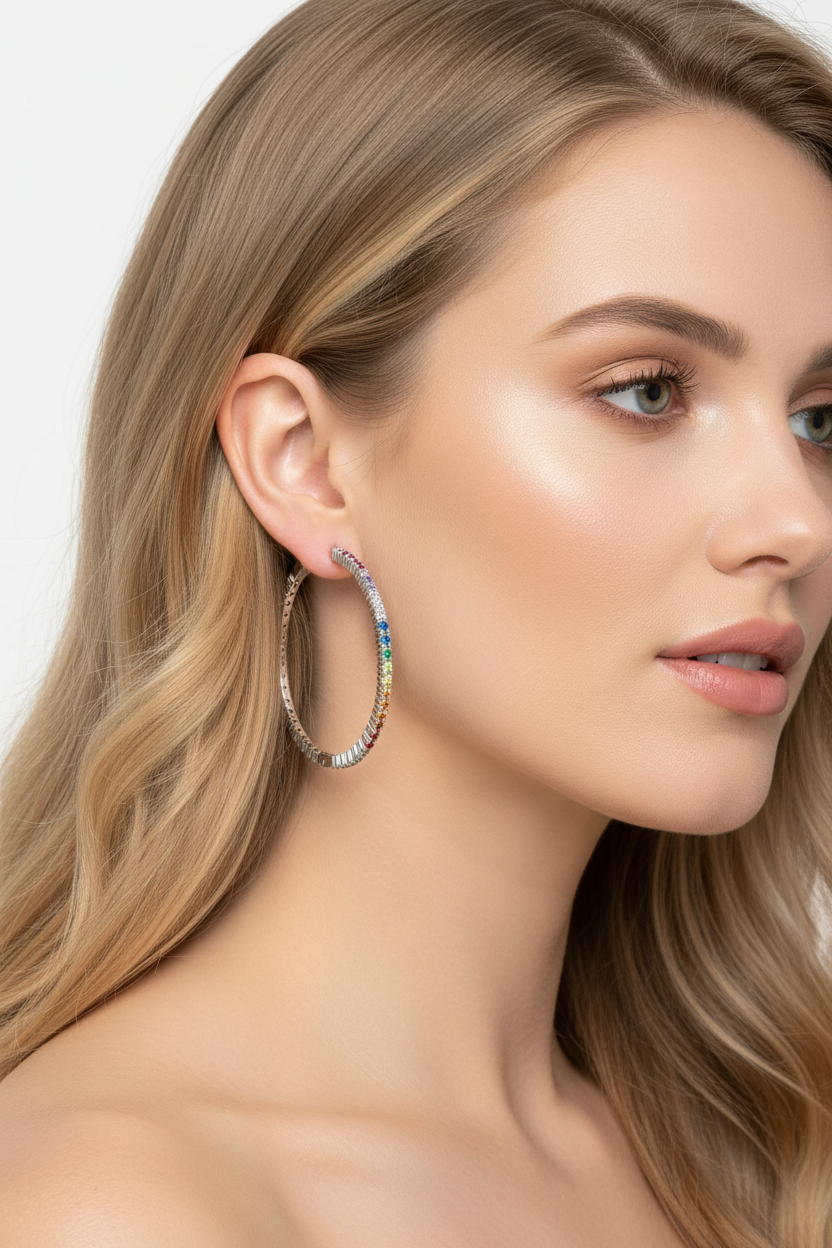 Blonde model wearing multicolor CZ hoops