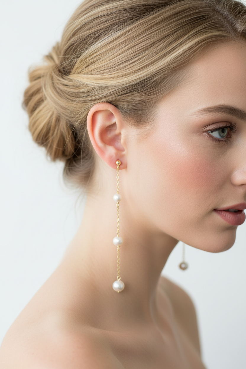 Blonde model wearing pearl cascade earrings