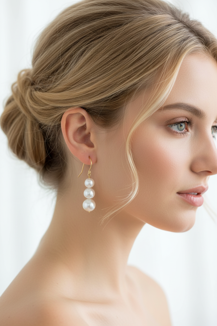 Blonde model wearing pearl drop earrings