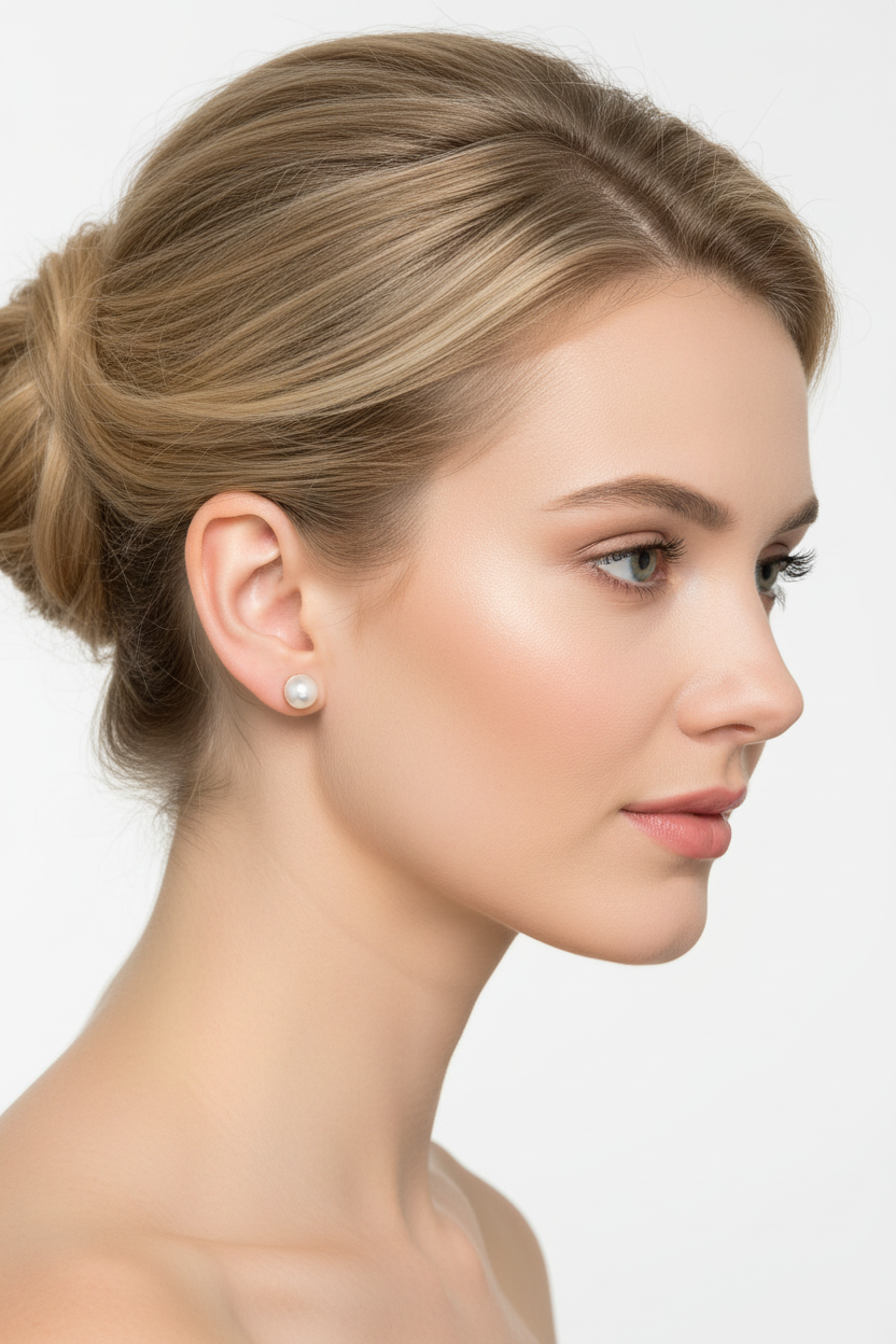 Blonde model wearing pearl earrings