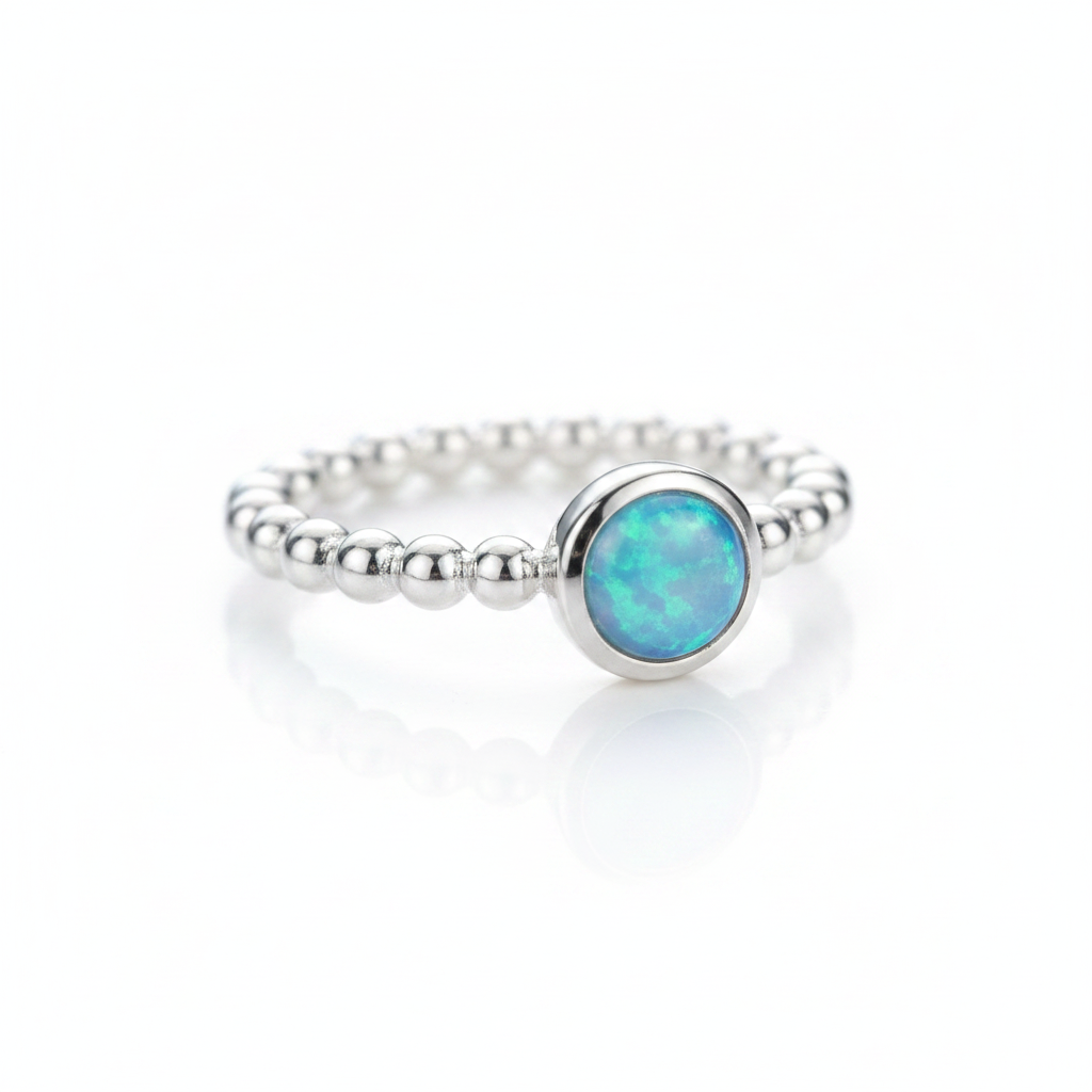 Blue Opal Round Beaded Band Silver Ring Pure White Background Tilted Reflection 1x1