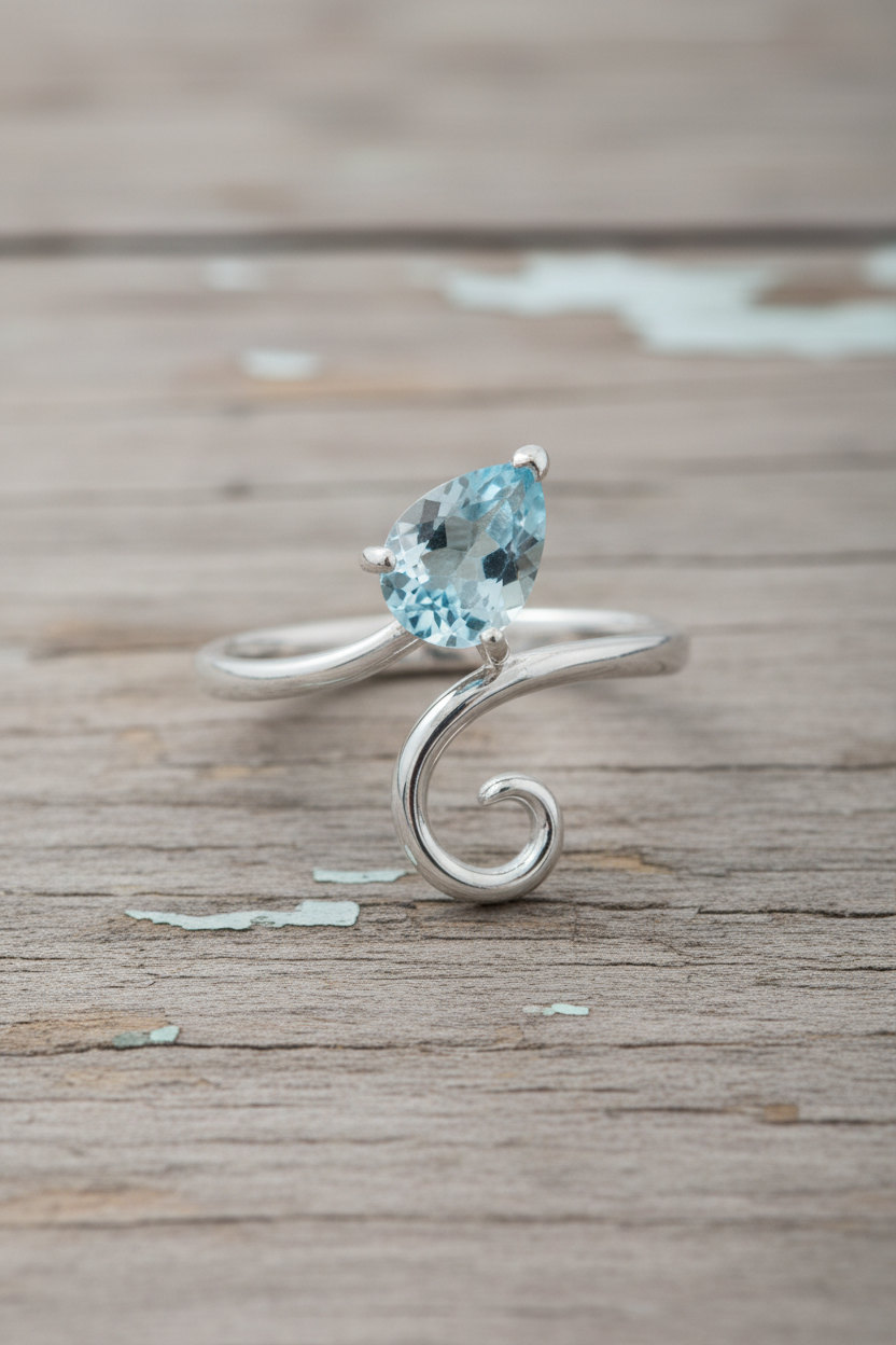 Blue Topaz Pear Bypass Swirl Silver Ring Weathered Wood Background