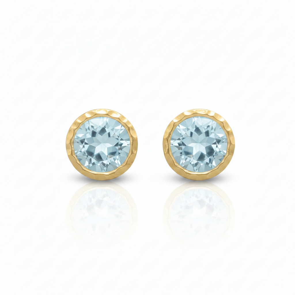Blue Topaz Round Stud Earrings Hammered Matte Gold Bezel Face-On Top View Pure White Background 1x1