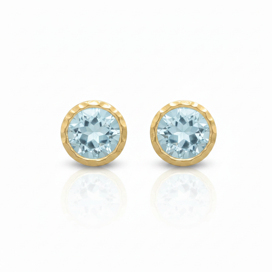 Blue Topaz Round Stud Earrings Hammered Matte Gold Bezel Face-On Top View Pure White Background 1x1