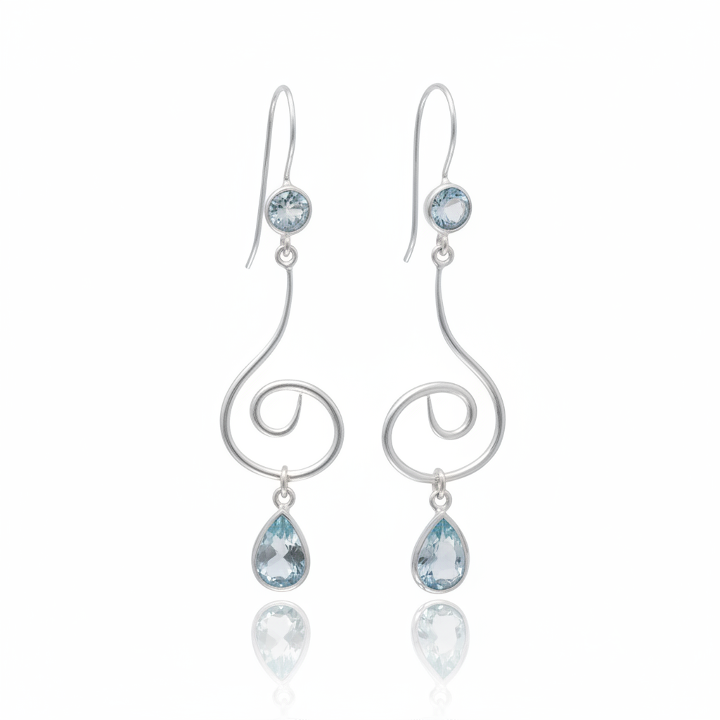 Blue Topaz Swirl Silver Earrings - White Background