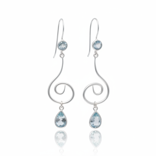 Blue Topaz Swirl Silver Earrings - White Background