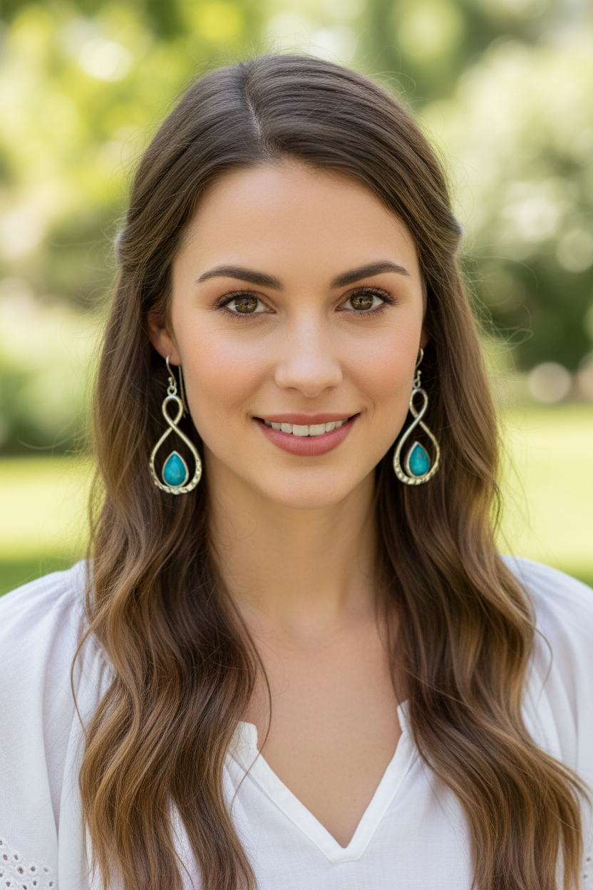 Bohemian woman wearing infinite sky earrings