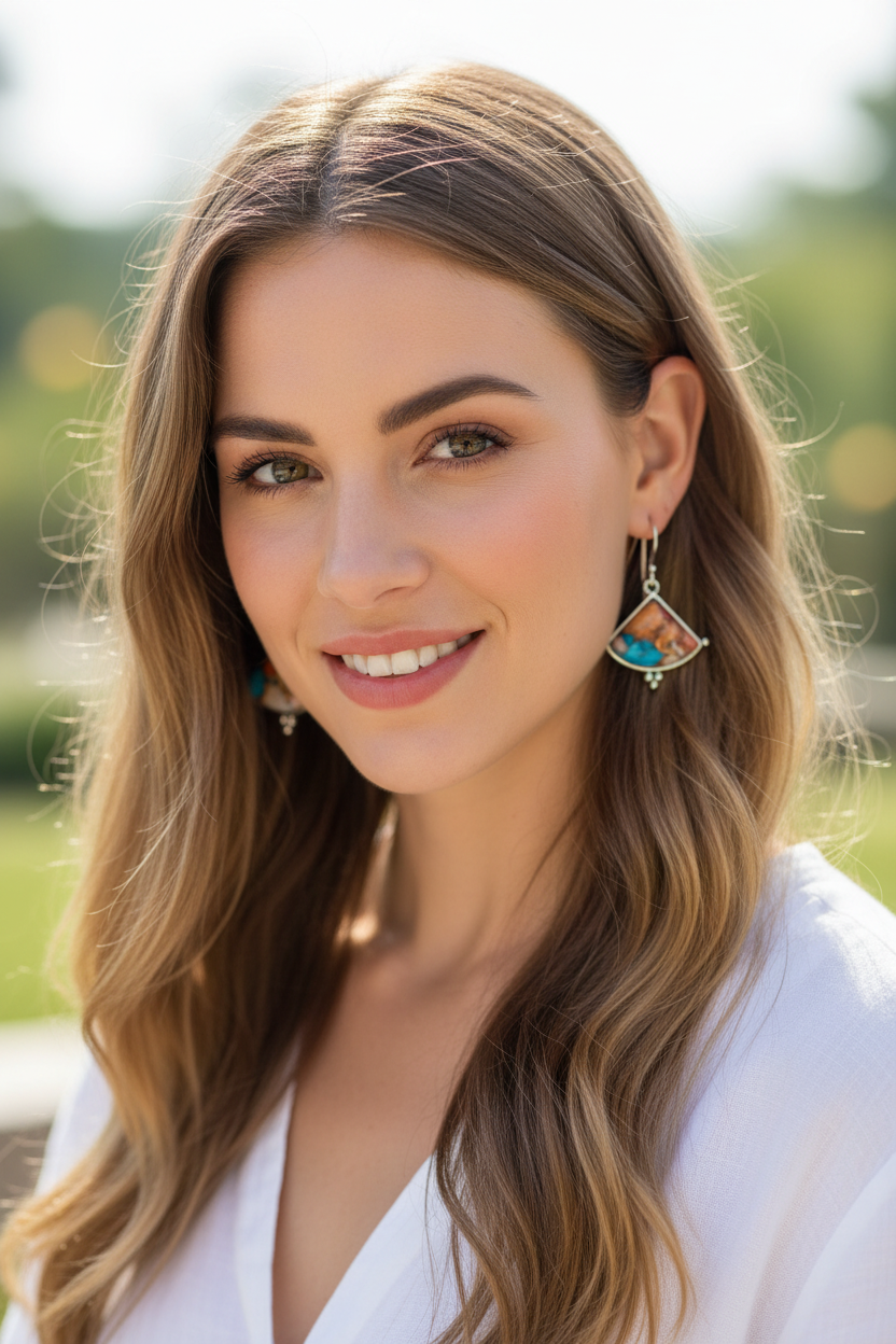 Bohemian woman wearing ocean sunset triangle earrings