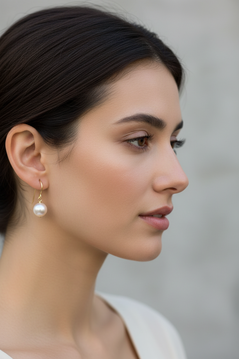 Brunette model wearing Akoya pearl earrings