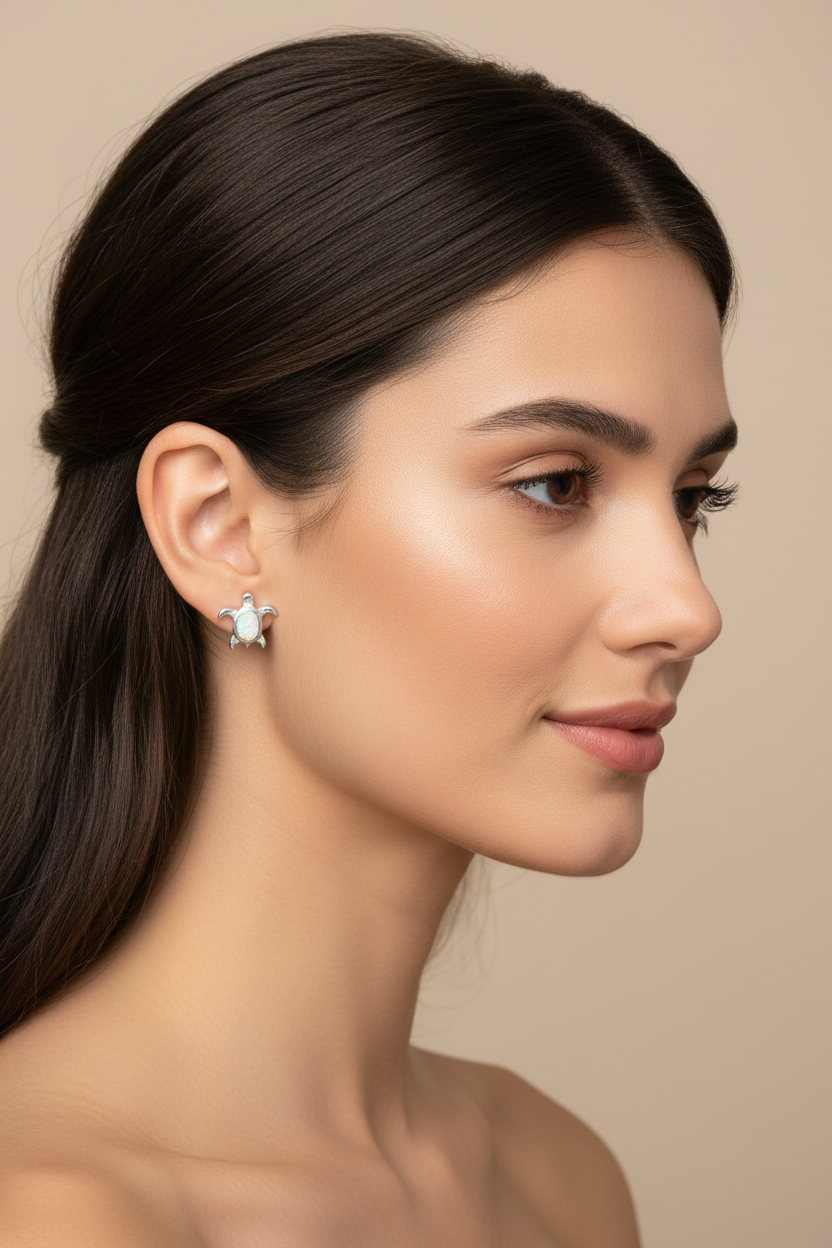 Brunette model wearing opal turtle earrings