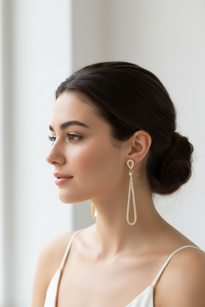 Brunette model wearing pear drop CZ earrings