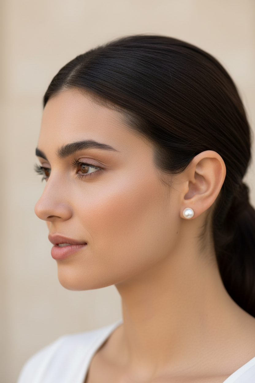Brunette model wearing pearl earrings