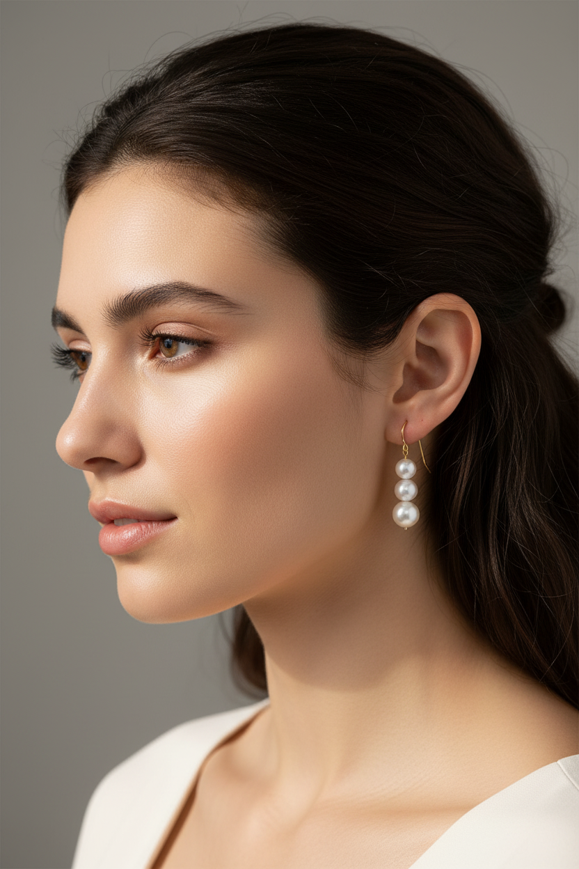 Brunette model wearing stacked pearl earrings