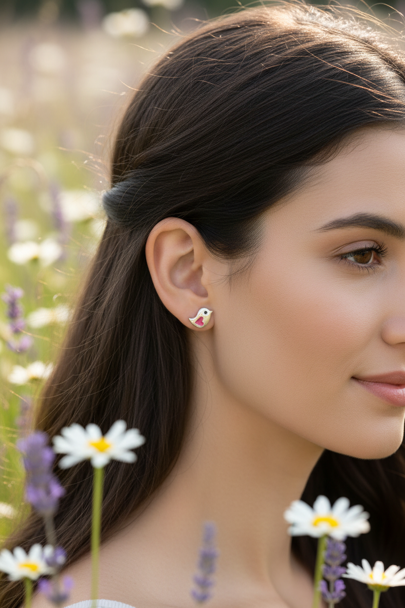Brunette model with wildflower meadow