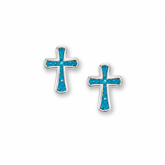 Turquoise Cross Stud Earrings Oxidized 925 Sterling Silver Made in USA 9.3mm