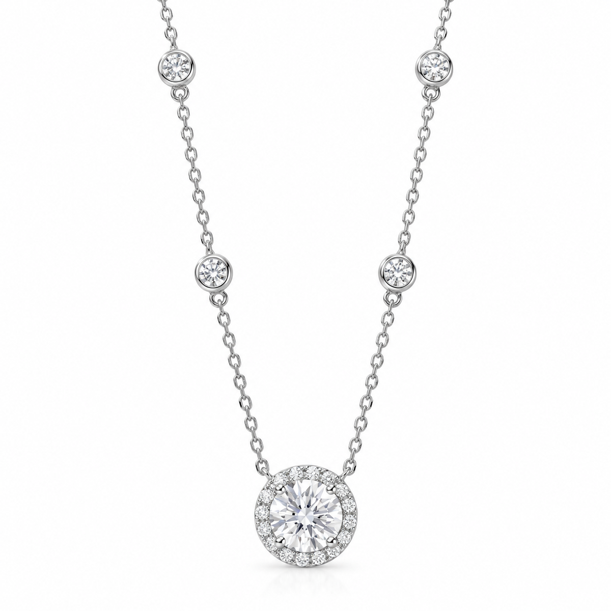 Halo CZ Bezel Chain Necklace Rhodium 925 Silver 8mm Center 3mm Full Set 15+2in