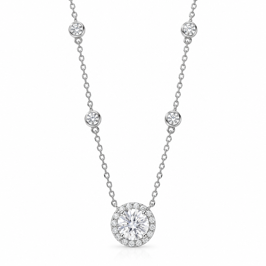 Halo CZ Bezel Chain Necklace Rhodium 925 Silver 8mm Center 3mm Full Set 15+2in