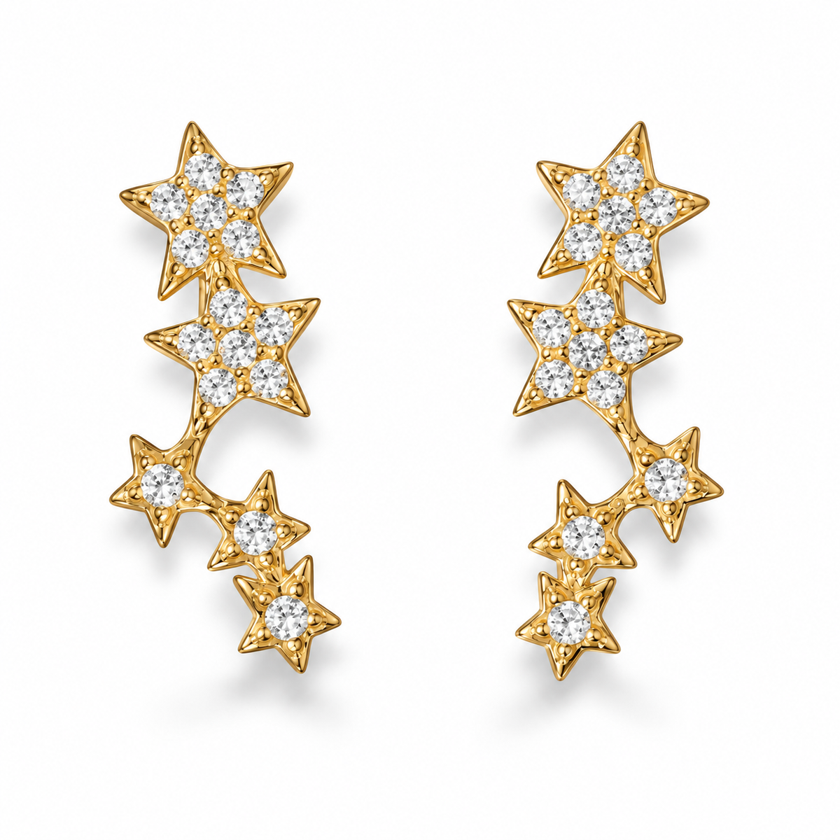 CZ Star Cluster Stud Earrings 14K Gold Plated 925 Sterling Silver 5.6x15.9mm