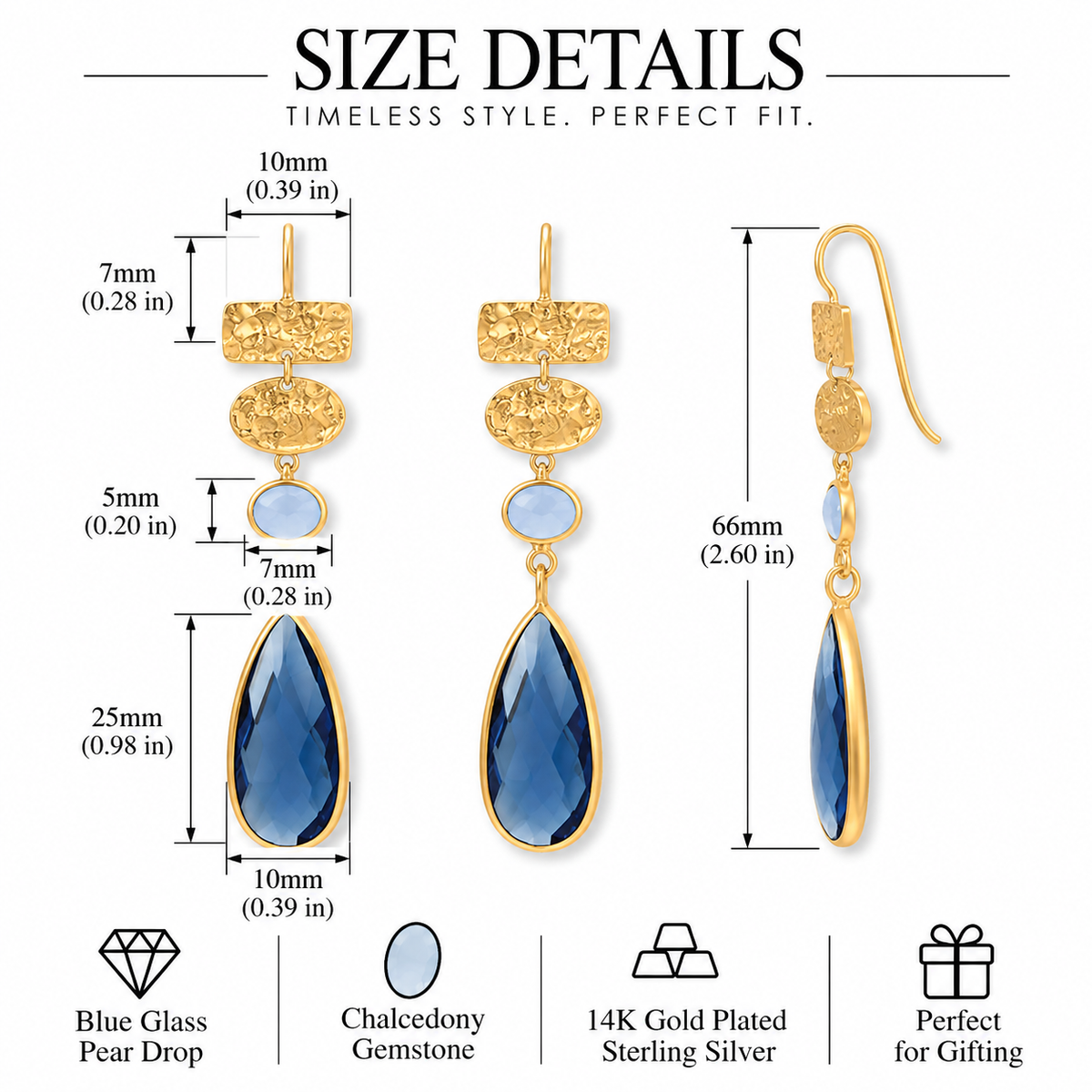 Blue Glass Chalcedony Drop Earrings 14K Gold Plated 925 Sterling Silver 66mm