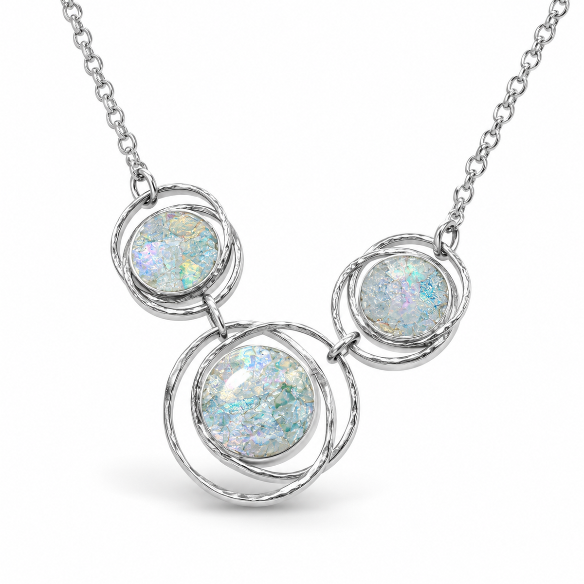 Roman Glass Abstract Circle Necklace 925 Silver 3-Stone 18in w/Certificate