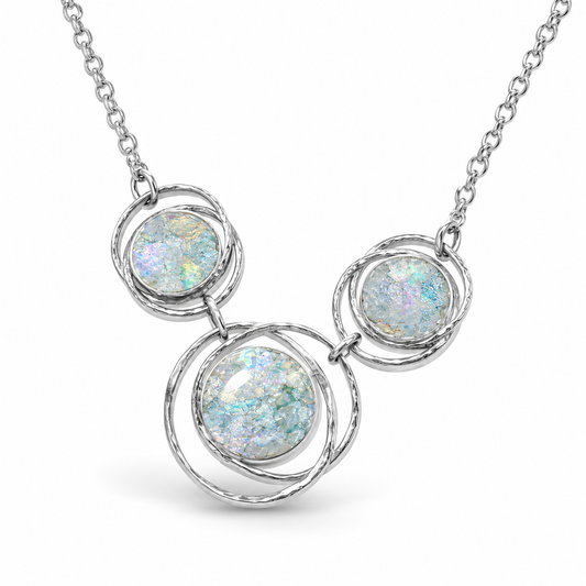 Roman Glass Abstract Circle Necklace 925 Silver 3-Stone 18in w/Certificate