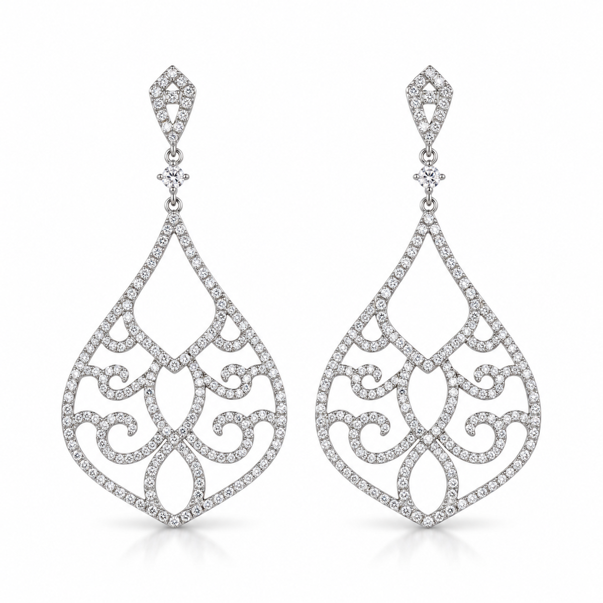 Arabesque CZ Chandelier Earrings Rhodium Plated 925 Sterling Silver 400+ CZ 66mm