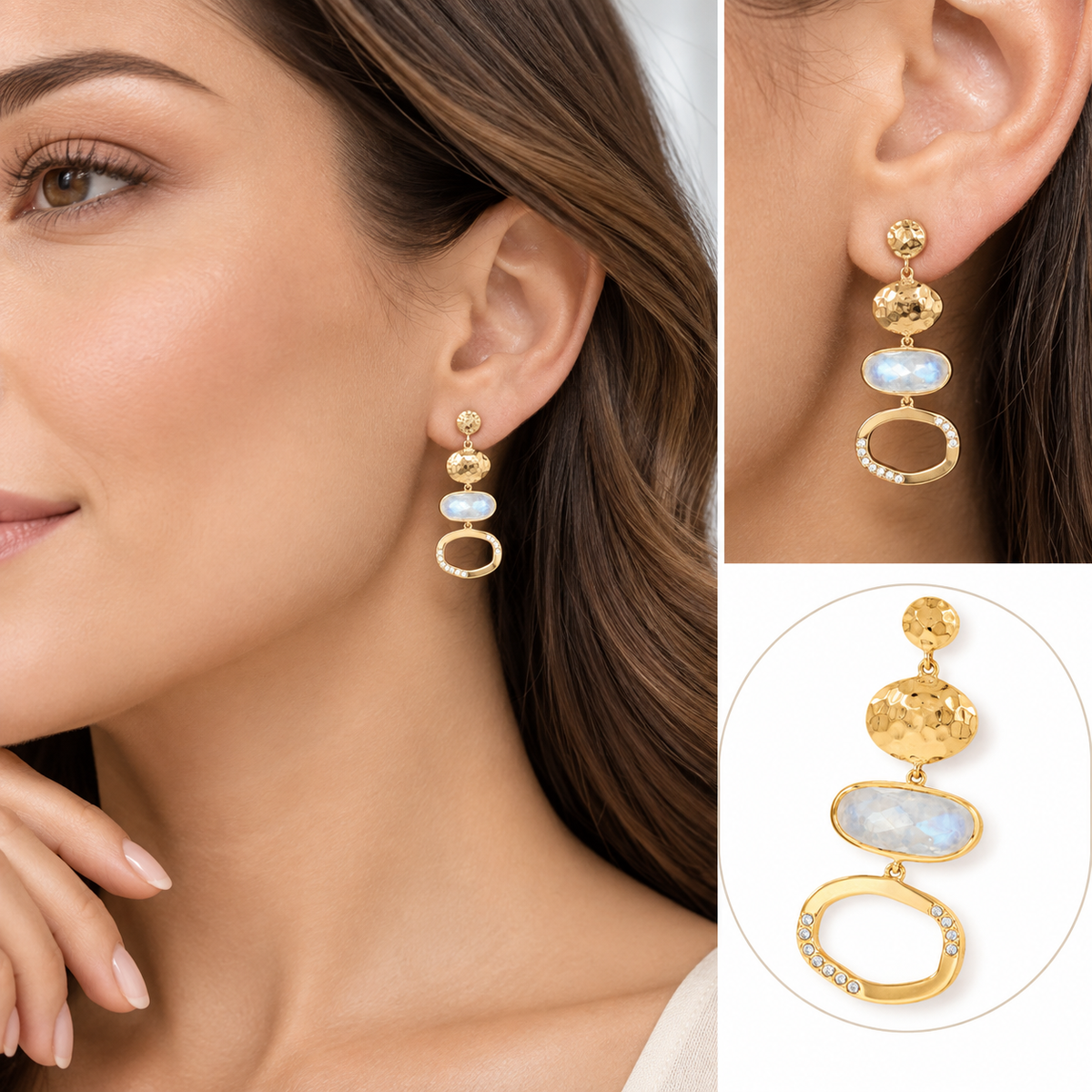 Rainbow Moonstone Statement Earrings 14K Gold Plated 925 Sterling Silver 41.5mm