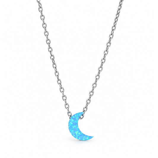 Blue Opal Crescent Moon Necklace Rhodium 925 Silver Synthetic 6.5x10mm 16+2in