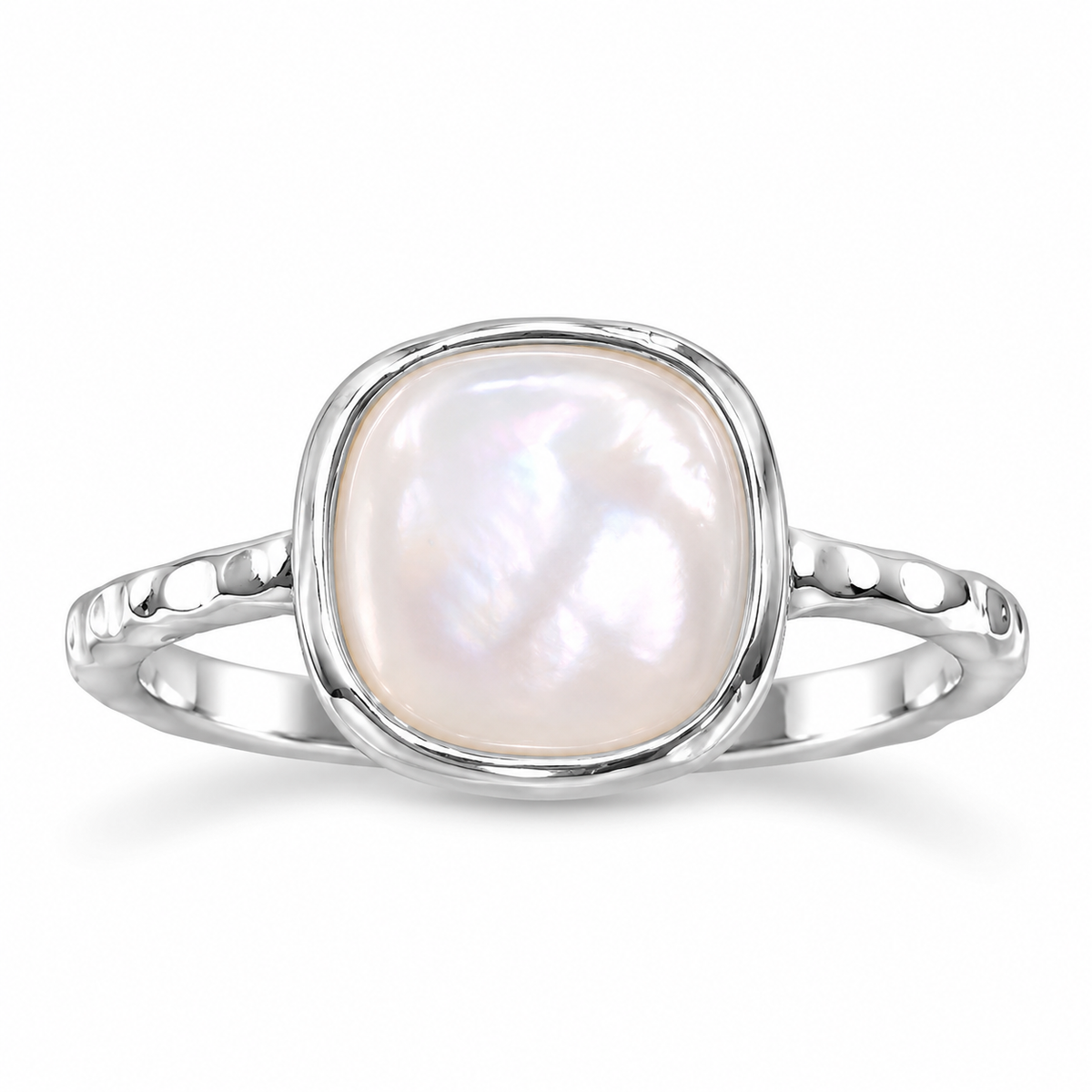 Cushion Cut Mother of Pearl Ring 925 Sterling Silver Textured 7.5mm Sizes 6-9