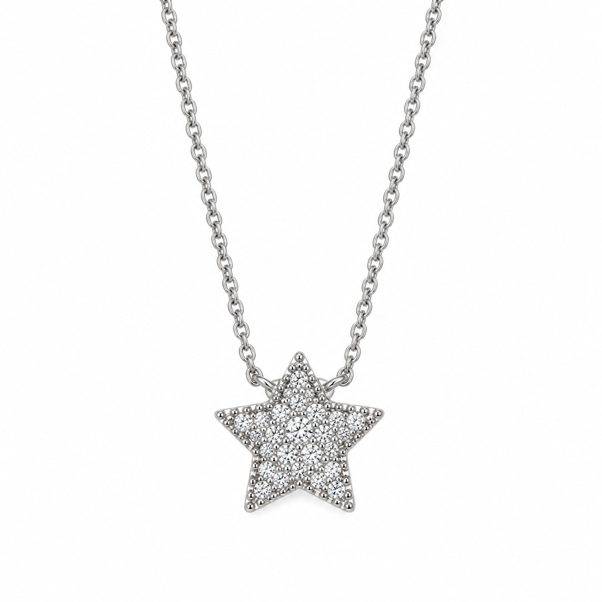 Pave CZ Star Necklace Rhodium 925 Sterling Silver 9.6x9.9mm 16+2in Lobster Clasp