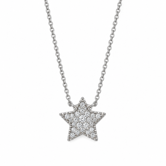 Pave CZ Star Necklace Rhodium 925 Sterling Silver 9.6x9.9mm 16+2in Lobster Clasp