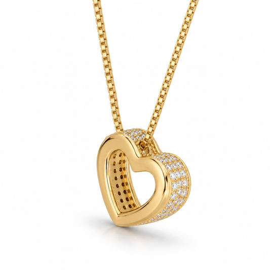 Pave CZ Floating Heart Necklace 14K Gold Plated 925 Silver 15.8mm 3-Row 16+2in
