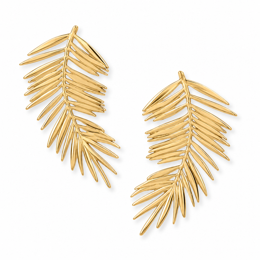 Palm Leaf Post Earrings 14K Gold Plated 925 Sterling Silver 25.3x38.8mm