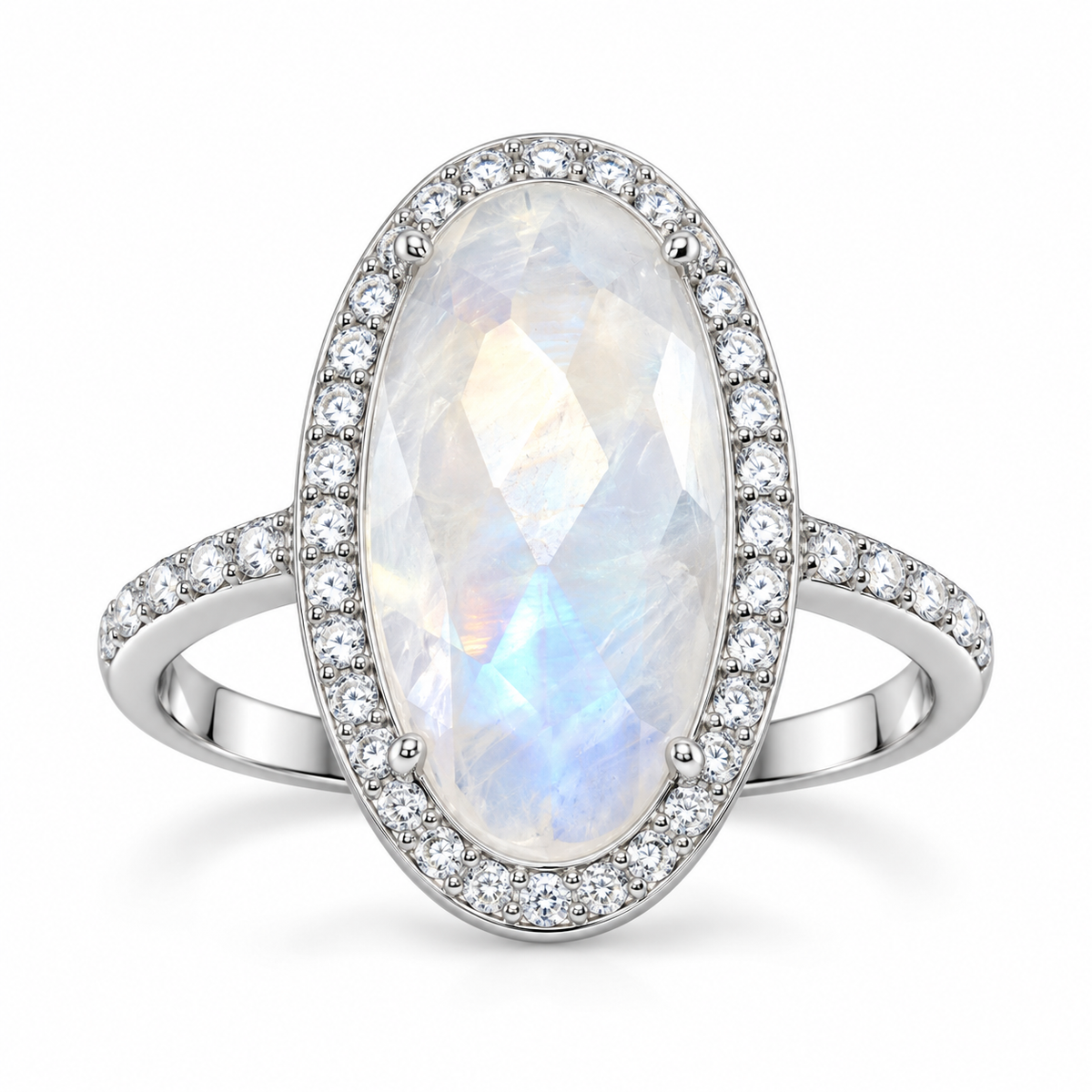 Faceted Rainbow Moonstone Ring 925 Silver CZ Edge 8x17mm CZ Band