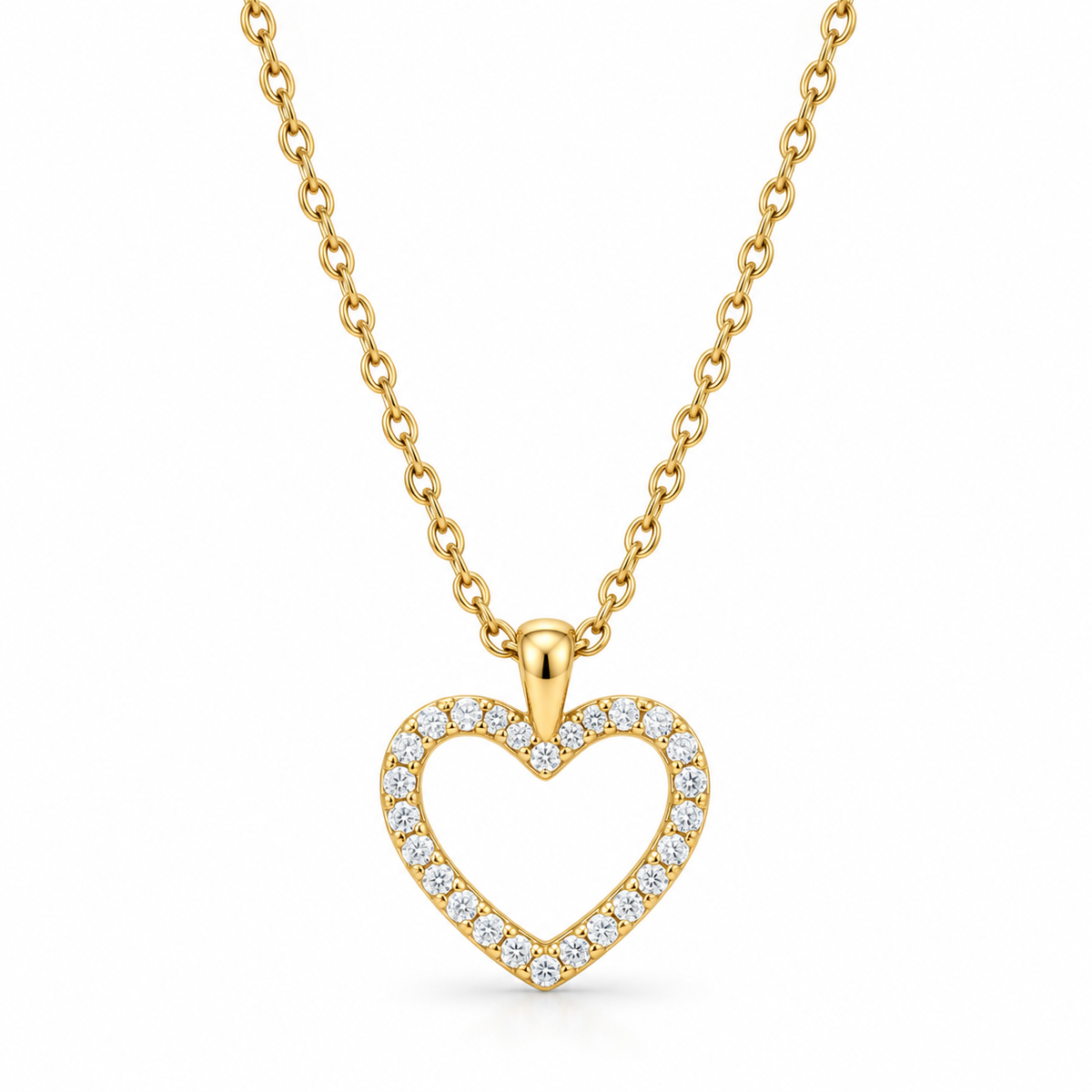 CZ Outline Heart Necklace 14K Gold Plated 925 Sterling Silver 12x13.5mm 16+2in