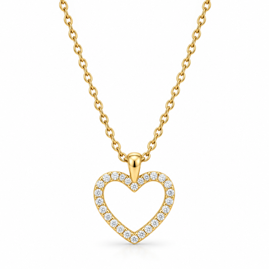 CZ Outline Heart Necklace 14K Gold Plated 925 Sterling Silver 12x13.5mm 16+2in