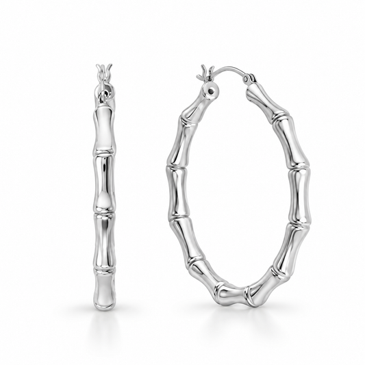 Bamboo Hoop Earrings 925 Sterling Silver 44mm 3.7mm Wide