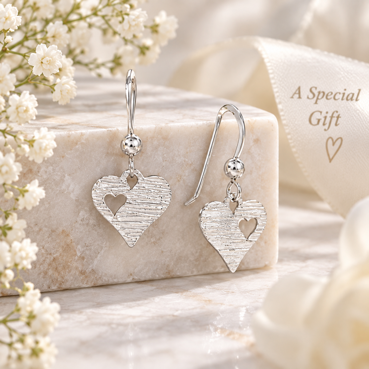 Laser Cut Heart French Wire Earrings 925 Sterling Silver 23.5mm