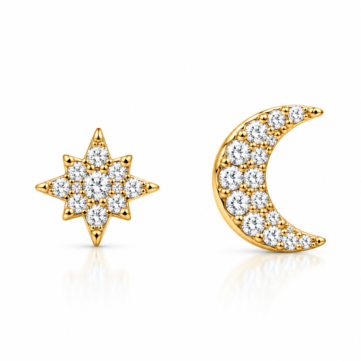 CZ Moon & Star Mismatched Stud Earrings 14K Gold Plated 925 Sterling Silver