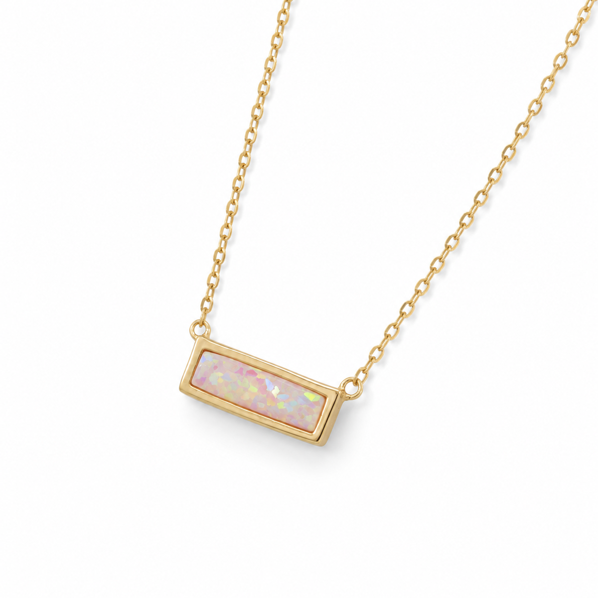 Mini Synthetic Pink Opal Bar Necklace 14K Gold Plated 925 Silver Bezel 10.8x3mm