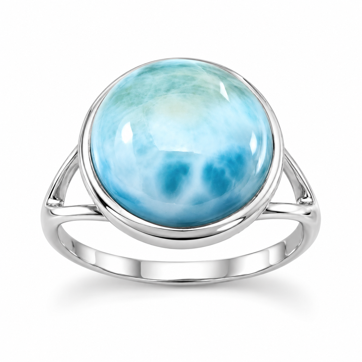 Rhodium Plated Round Larimar Split Band Ring 925 Silver 12mm 1.5mm