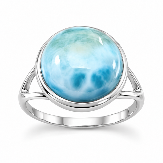 Rhodium Plated Round Larimar Split Band Ring 925 Silver 12mm 1.5mm