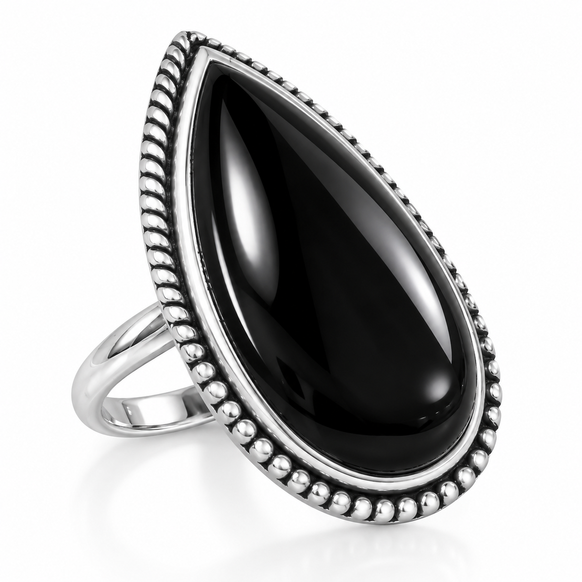 Oxidized Pear Black Onyx Beaded Rope Ring 925 Silver 28x18mm 2.5mm Band