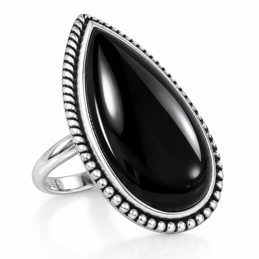 Oxidized Pear Black Onyx Beaded Rope Ring 925 Silver 28x18mm 2.5mm Band