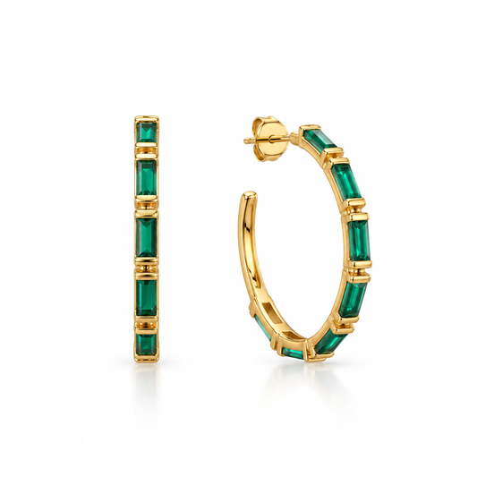 Emerald Green Baguette CZ Hoop Earrings 14K Gold Plated 925 Sterling Silver 30mm