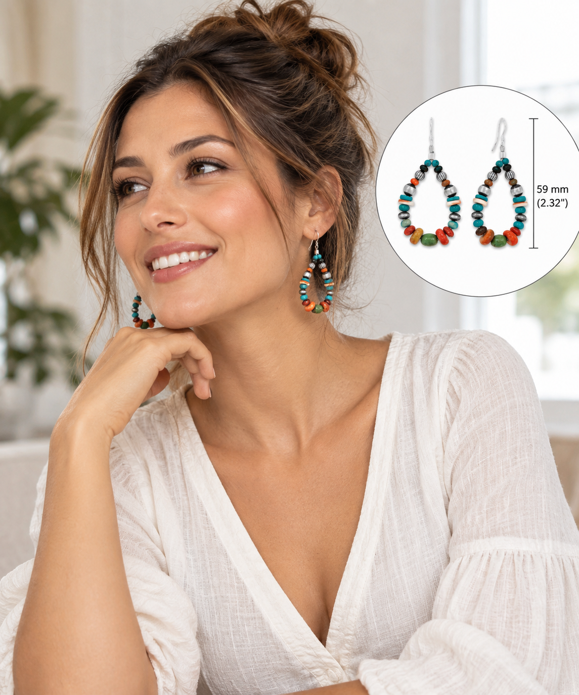Multistone Pear Drop Earrings 925 Sterling Silver Handmade USA Turquoise 59mm