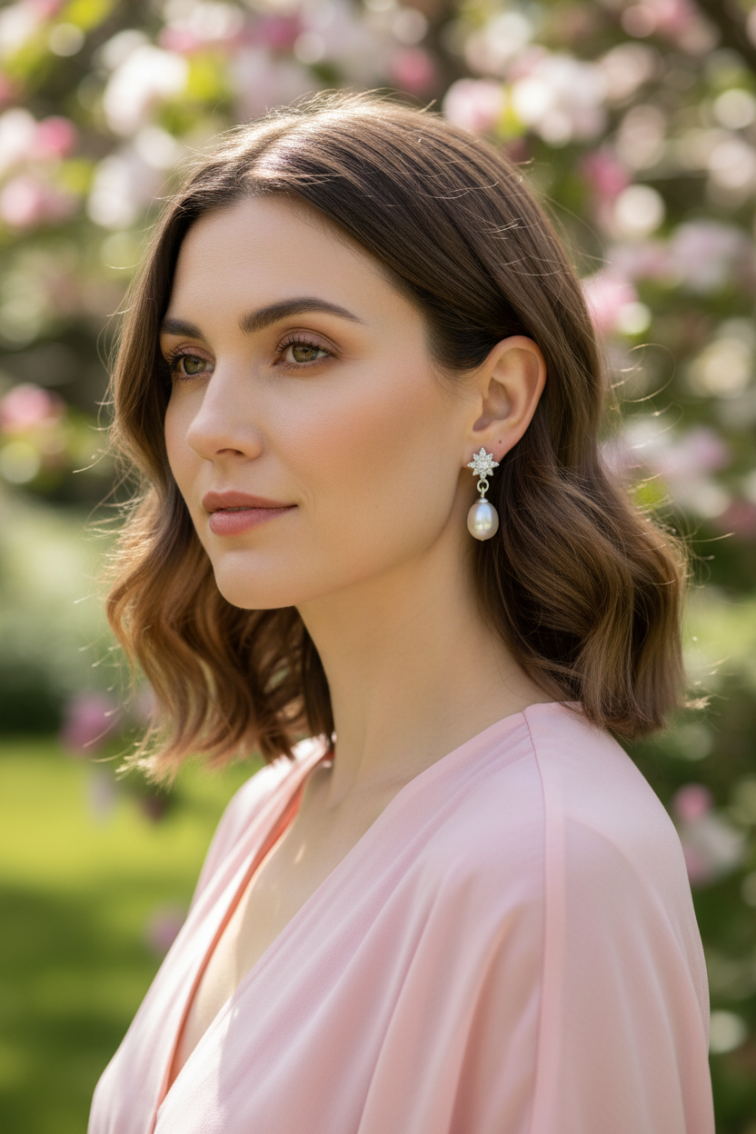 Caucasian woman in garden wearing pearl earrings
