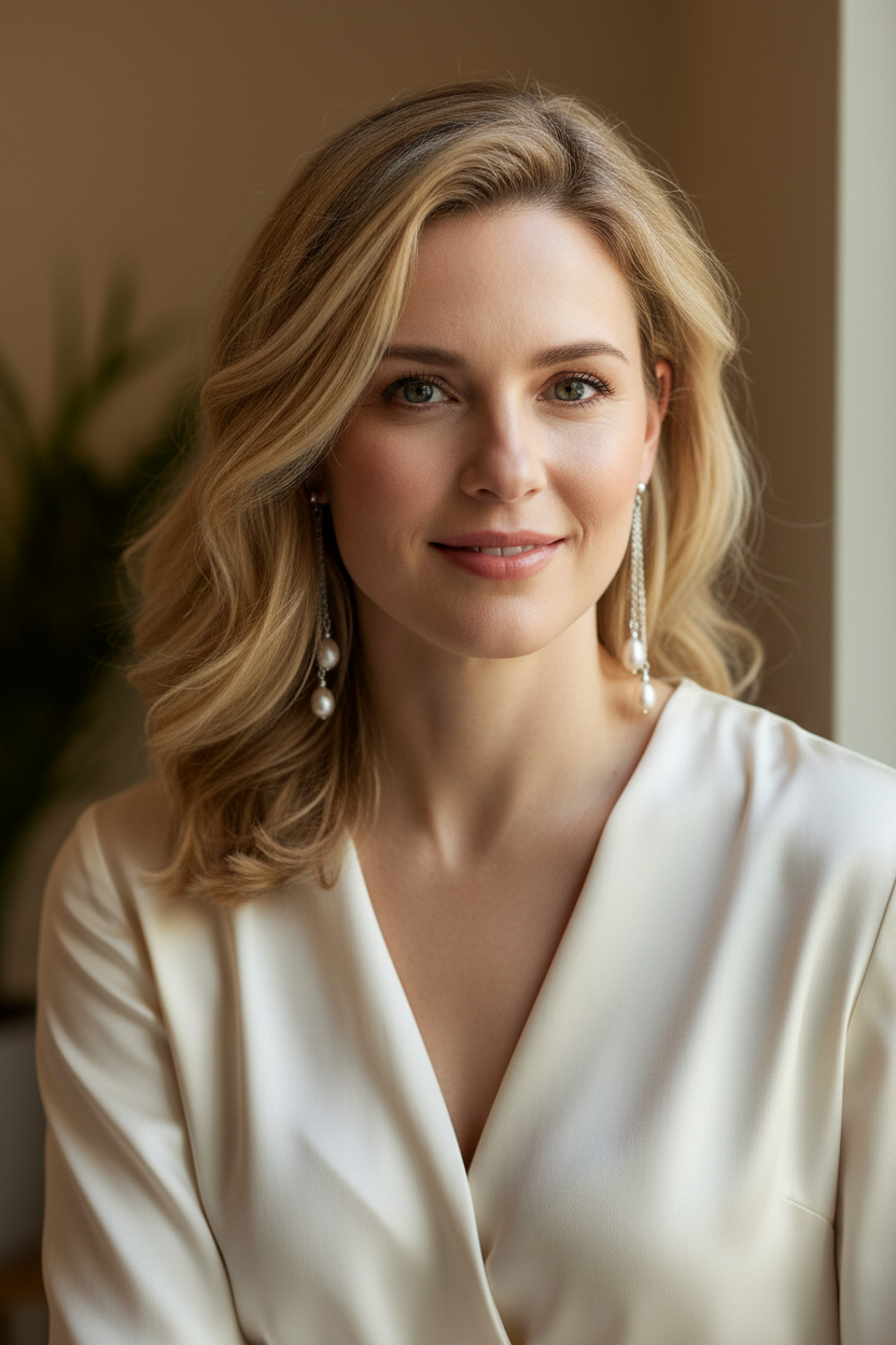Caucasian woman with elegant pearl chain earrings