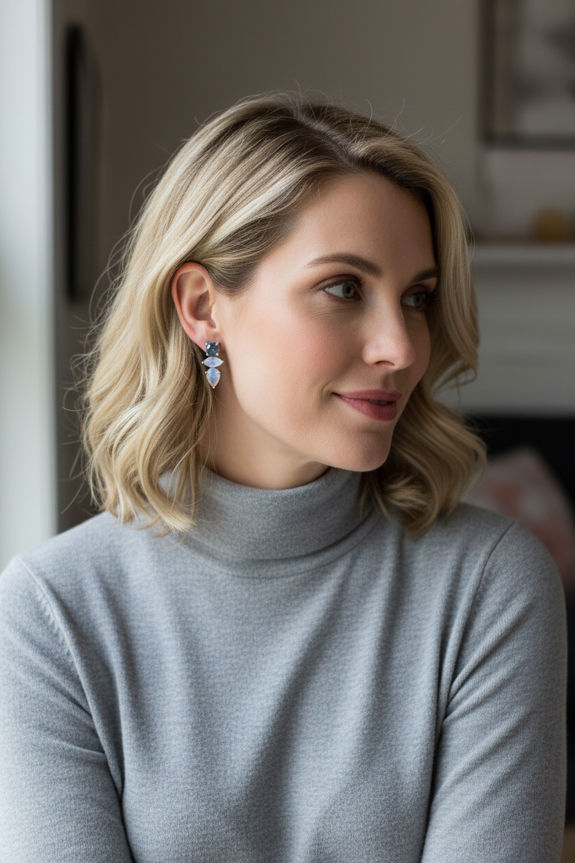 Caucasian woman with geometric gemstone earrings